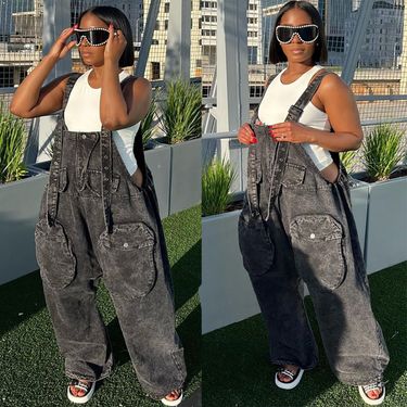 Women’s Clothing ins style personality street big pocket wide leg pants loose suspender jeans_voghion.com