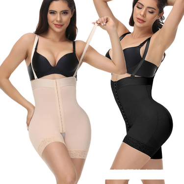 high-waisted buttoned tummy-controlling body-shaping pants with suspenders and crotchless one-piece corset_voghion.com