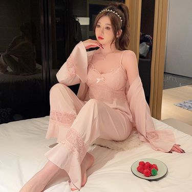 2024 Spring and Autumn New Women's Ice Silk Pajamas, Sexy Straps, Sleepwear Robes, Pants, Three Piece Set, Sweet Style_voghion.com