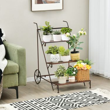 3-Tier Metal Plant Stand with Wheels and Handle for Balcony_voghion.com