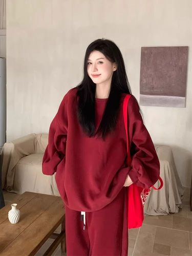 Lazy Style Casual Sports Suit For Women, Autumn Winter Fleece-Lined Thick Loose Round Neck Sweatshirt And Jogger Pants_voghion.com