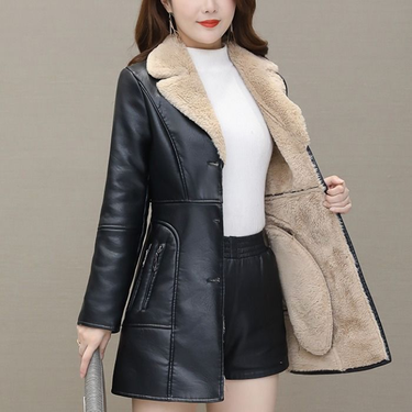 Women's Clothing Autumn And Winter Leather Jacket Plus Velvet Thickened Mid Length Korean Version New Temperament Slim Fit Waist Pu Jacket Trendy_voghion.com