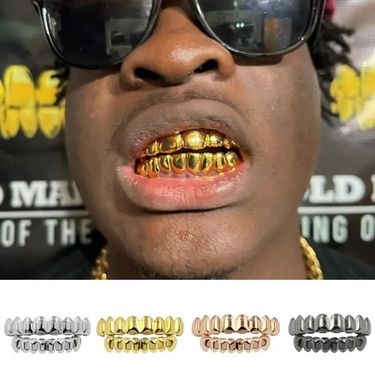 Hip Hop Gold Grillz Set - 8 Teeth Upper & Lower, 18K Electroplated Copper, Stylish Dental Jewelry (Gold, Silver, Gun Black, Rose Gold)_voghion.com