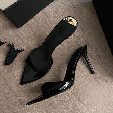 2024 new open toe pointed patent leather stiletto flip flops women summer black outdoor sandals high heels women's shoes_voghion.com