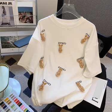 Women's Clothing pure cotton heavy bear short-sleeved T-shirt female summer new design loose top_voghion.com