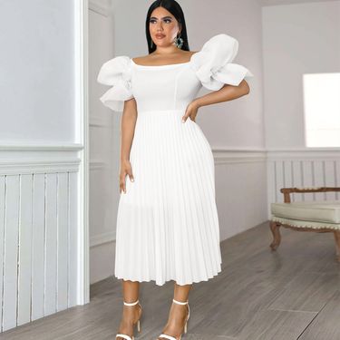 Women's pure white one-shoulder pleated skirt fashionable commuting high waist dress dresse_voghion.com