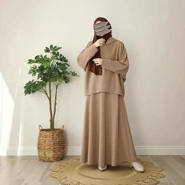 Women's Clothing Muslim Women's Clothing Solid Color Knitted Loose Hooded Top Suit_voghion.com