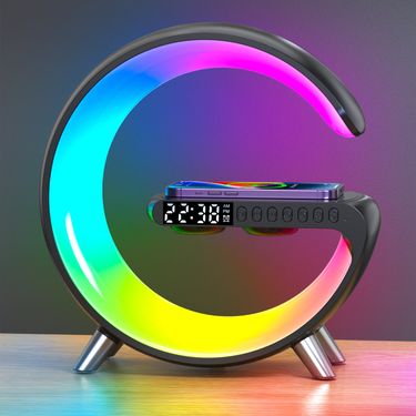 Big G Style Bluetooth Speaker with Cool LED Lights, Alarm Clock, and 4-in-1 Desktop Wireless Charger_mkmklike.com