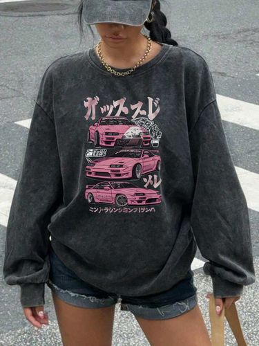 2025 Autumn And Winter Car Printed Casual Retro Women's Washed Round Neck Pullover For Autumn And Winter_voghion.com