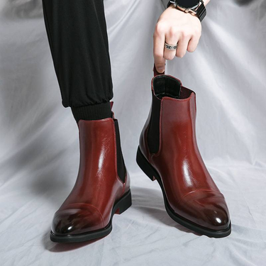 Autumn and winter high top red leather shoes pointed foot set large size men's boots British casual boots wholesale_voghion.com