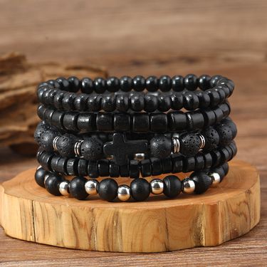 Fashion Dark Style Alloy Cross Wooden Bead Bracelet E-commerce Men's Volcanic Stone Beaded Bracelet_ipsvogv.com