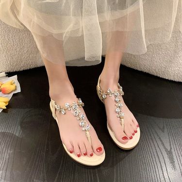 women's New Large Size Rhinestone Flip Flops Flat Elastic T Shaped Bohemian Beach Women's Shoes Wholesale_voghion.com