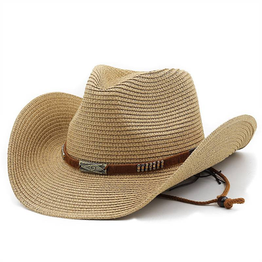 Classic Ethnic Style Belt Cowboy Straw Hat for Women and Men Summer Sunshade Hat with Curled Eaves Western Cowboy Straw Hat Sun Hat_voghion.com