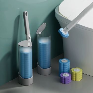 Disposable Toilet Brush Set With 6 Refill Heads – Long Handle & Wall-Mount Holder (Grey/White, Ocean/Lemon/Lavender Scent)_voghion.com