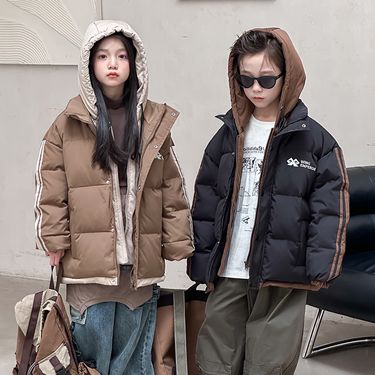Kids' Puffer Jacket With Hood – Warm Winter Coat For Boys & Girls (Black/Green/Brown/Gray), 120-160cm, 91%-94% Duck Down, Faux Layered Hoodie Design_voghion.com