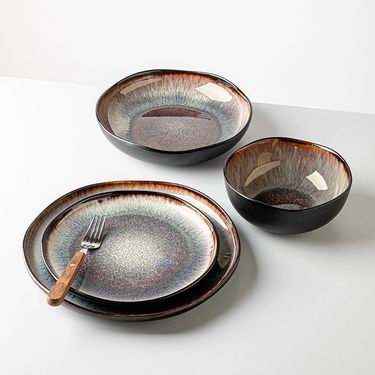Flame-Kiln Glazed Ceramic Set - Gradient Irregular Bowl & Plate (Handmade Vintage Stoneware For Modern Rustic Dining)_voghion.com