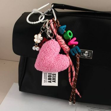 Fluffy Love Heart Keychain - Cute & Stylish Bag Charm Accessory For Purse, Backpack, Or DIY Decor (Pink)_voghion.com