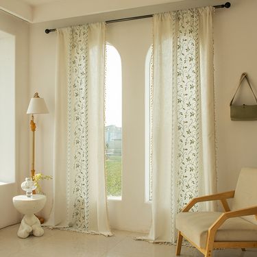 Bohemian Cotton Linen Curtains With Tassels & Floral Embroidery - Semi-Sheer Window Dressing For Bedroom, Kitchen, Balcony (Multiple Sizes & Colors)_voghion.com
