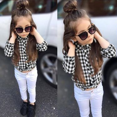 Baby Clothing Children and girls long-sleeved plaid shirt + white trousers two-piece children's outfit Instagram_viptrois.com