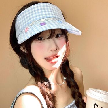 Small Fresh Blue Plaid Empty Top Hat Women's New Summer Outdoor Travel Shading UV Protection Breathable Cap_voghion.com