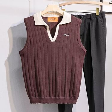 Men's Clothing Retro V neck pullover men's vest autumn and winter style contrast color all match knitted polo shirt outer wear waistcoat vest_voghion.com