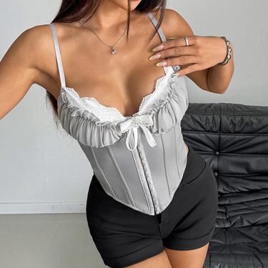 K Sexy Sheer Mesh Lace Splice Camisole Sexy Girl Fishbone Strap High-end Sense Inner Wear Top_voghion.com