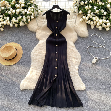 Women's Clothing Neck Sleeveless Knitted Dress Slim Fit Metal Buttoned Tight Fitting Long Skirt_voghion.com