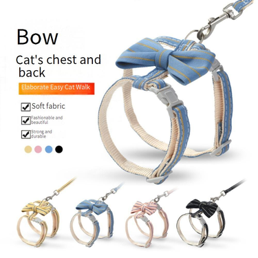 Cat Supplies Striped bow cat leash I shaped cat leash anti struggle chest harness pet supplies traction rope puppy traction_voghion.com