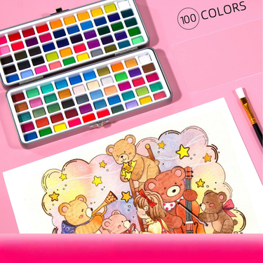 H&B 100 Colors Solid Watercolor Paint Set With Metallic & Fluorescent Colors - Premium Watercolor Painting Kit In Metal Case For Artists & Beginners_voghion.com