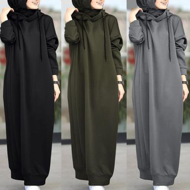 Women's Clothing Muslim autumn women's clothing solid color fur plush fabric hooded drawstring loose casual pocket long sleeve women's sweatshirt_viptrois.com