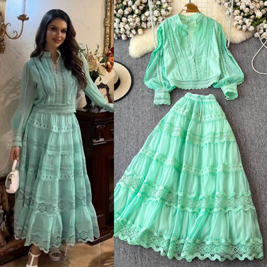 Women's Clothing Autumn Celebrity Style Lantern Sleeve Long Sleeve Splicing Shirt + A Line Skirt Suit Dress Women_voghion.com