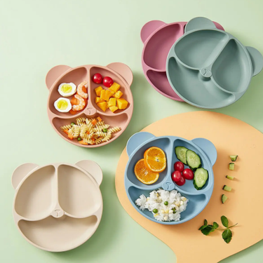 Baby Safe Sucker Silicone Dining Plate Solid Cute Cartoon Children Dishes Suction Toddle Training Tableware Kids Feeding Bowls_voghion.com