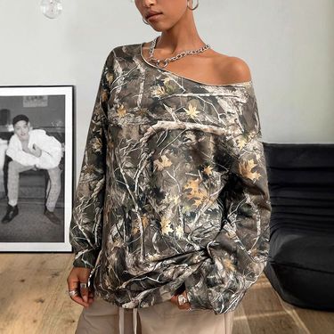 Women's Clothing Camouflage Oblique Collar Loose Long Sleeve Maple Leaf Print Trendy Fashion All Match Tops_voghion.com