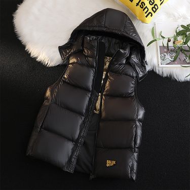 "Men's Black Gold Padded Vest Winter Warm Sleeveless Jacket Oversize Coat With Hood & Zipper Pockets"_voghion.com