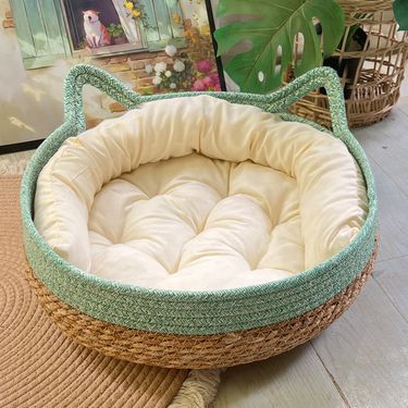 All-Season Cool Nest Rattan Woven Basket Scratching Board Hand-Woven Sleeping Removable Washable Summer Cat Bed_voghion.com