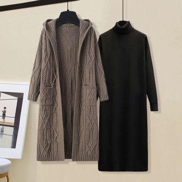 Women's Clothing Autumn Suit Sweater Knitted Jacket Fat Mm Cover Meat Thin Dress Two Piece Suit_voghion.com