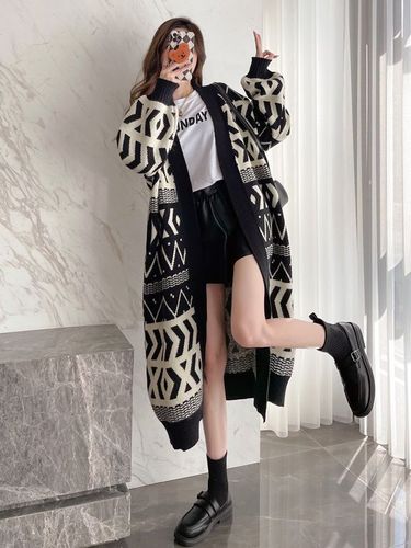 New Korean style knitted sweater cardigan sweater for women over the knee loose slim geometric lazy style long coat_voghion.com