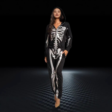 2025 Halloween New Hooded Skeleton Skeleton Printed Long Sleeve Pants Jumpsuit Hoodie For Women_voghion.com