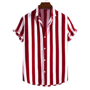 Striped men's 2023 summer new fashionable and minimalist color contrast loose short sleeved lapel single breasted shirt_voghion.com