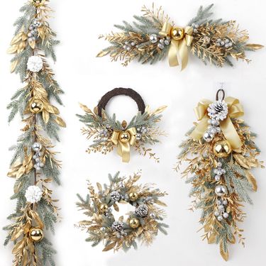 Cross-border Nordic New Christmas Snow Golden Door Hanging Christmas Wreath Rattan Door Hanging Set Christmas Decorations_voghion.com