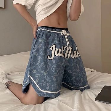 Men's Clothing Full print personality denim shorts men summer thin design retro mid-length pants trendy American style washed five-point pants_voghion.com