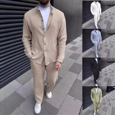 CT New Casual Suit Fashion Comfortable Sleeve Long Pants Two-Piece Set Solid Color Versatile Men's Outfit_voghion.com