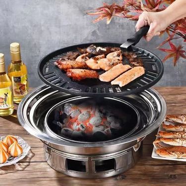 Korean Style Stainless Steel BBQ Rack Round Fire Grilling Pot Charcoal Pan Home Grill_voghion.com