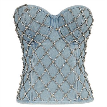 Women's Clothing Diamond Beaded Denim Top Strapless Vest Lace Up Shaping Slimming Zipper Top Women_voghion.com