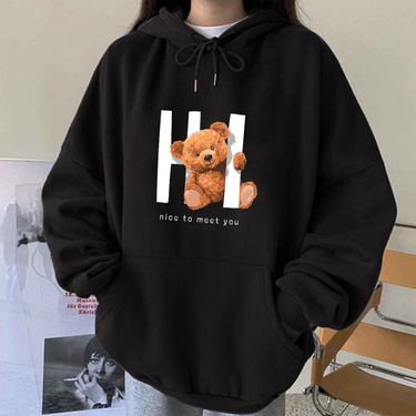 Women's letters nice to meet you Bear off-the-shoulder hoodie_voghion.com