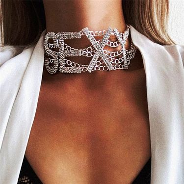 Fashionable diamond studded exaggerated choker personality hip-hop rhinestone English letters SEXY necklace_voghion.com