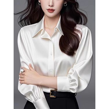 Women's Clothing Autumn New Style Heavy Acetate Satin Shirt Women's Long Sleeve Versatile Professional Loose Formal Shirt White_voghion.com