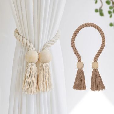 Hot Selling New Country Style Curtain Tiebacks Natural Wood Strong No-Drill Magnetic Buckle Rope Tie Band 2p-set_voghion.com