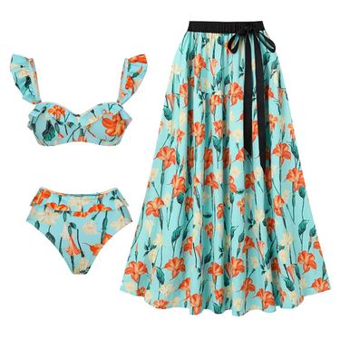 Women's new bikini Mini flying sleeves trumpet flower elegant retro split swimsuit and umbrella skirt suit for women_voghion.com