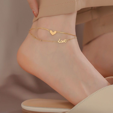 Luxury Brand Jewelry Double Layer Heart Love Letter Anklet Snake Chain Women Gold Color Stainless Steel Ladies Jewelry Not Fade_voghion.com